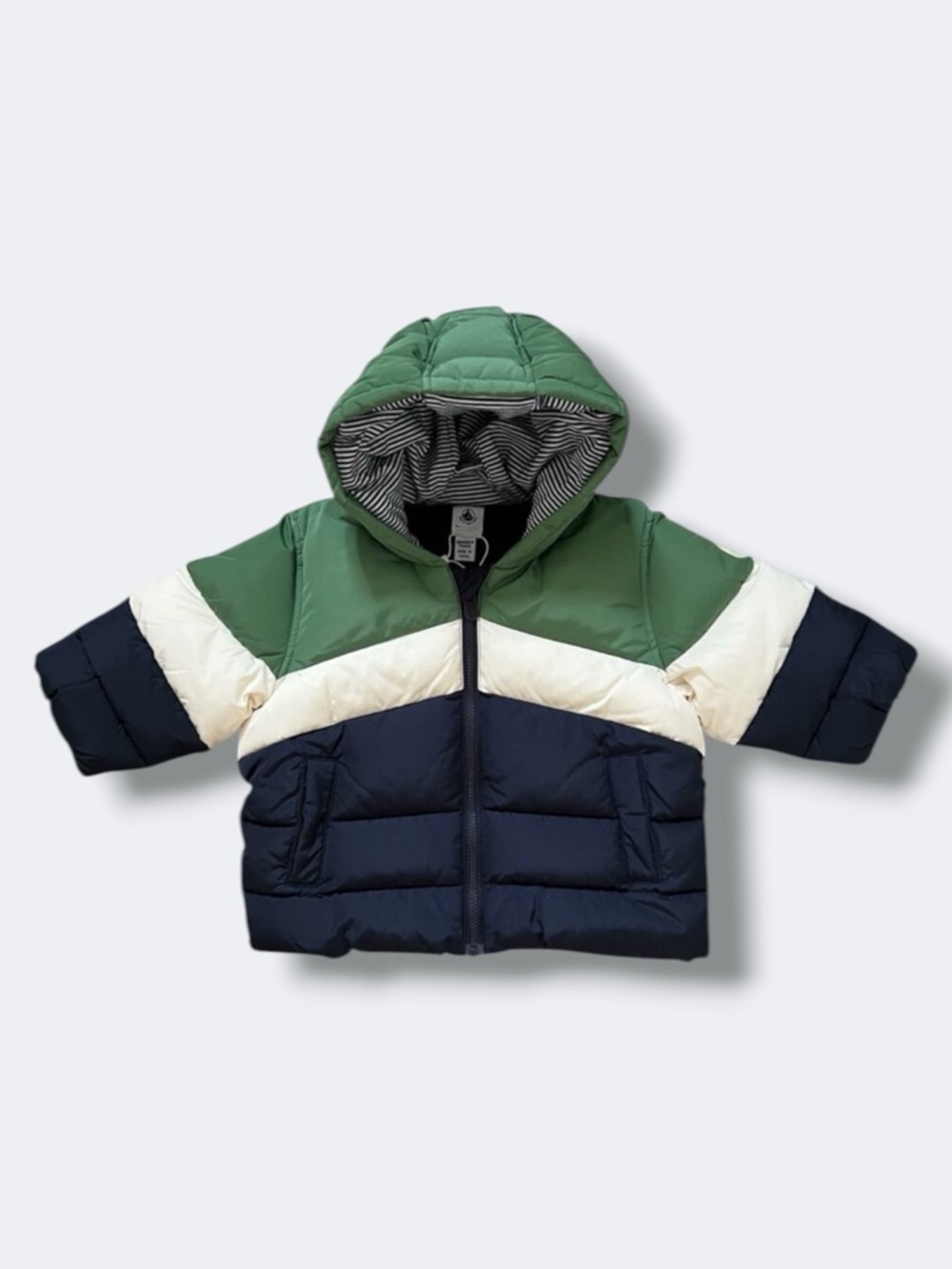 Petit Bateau Boys Puffer Jacket Baby 12M Green Navy Colorblock Hooded Fleece New